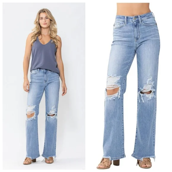 Judy Blue High Waist 90's Knee Destroy Straight Denim Jeans Size 28 Baddie - Picture 11 of 11